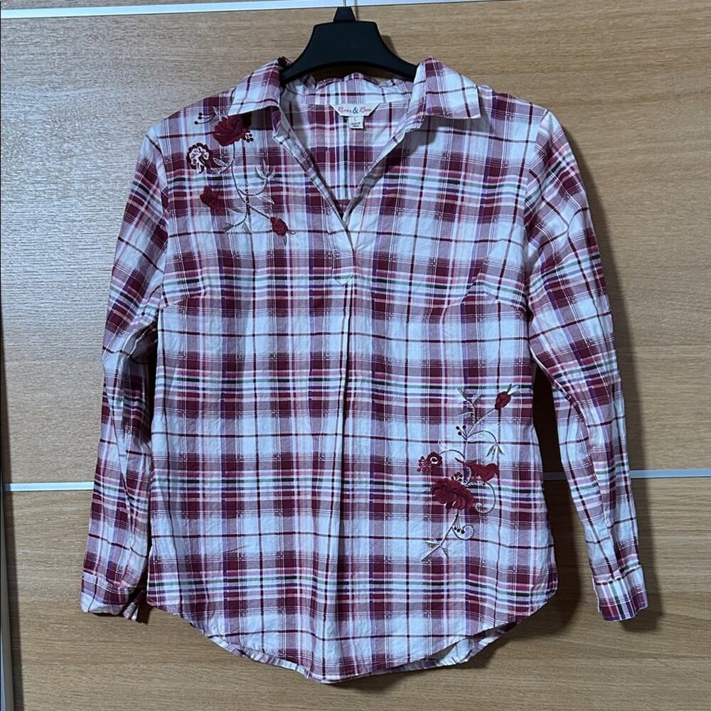 River & Rose Women's size L cotton Plaid Tunic with Floral Embroidery